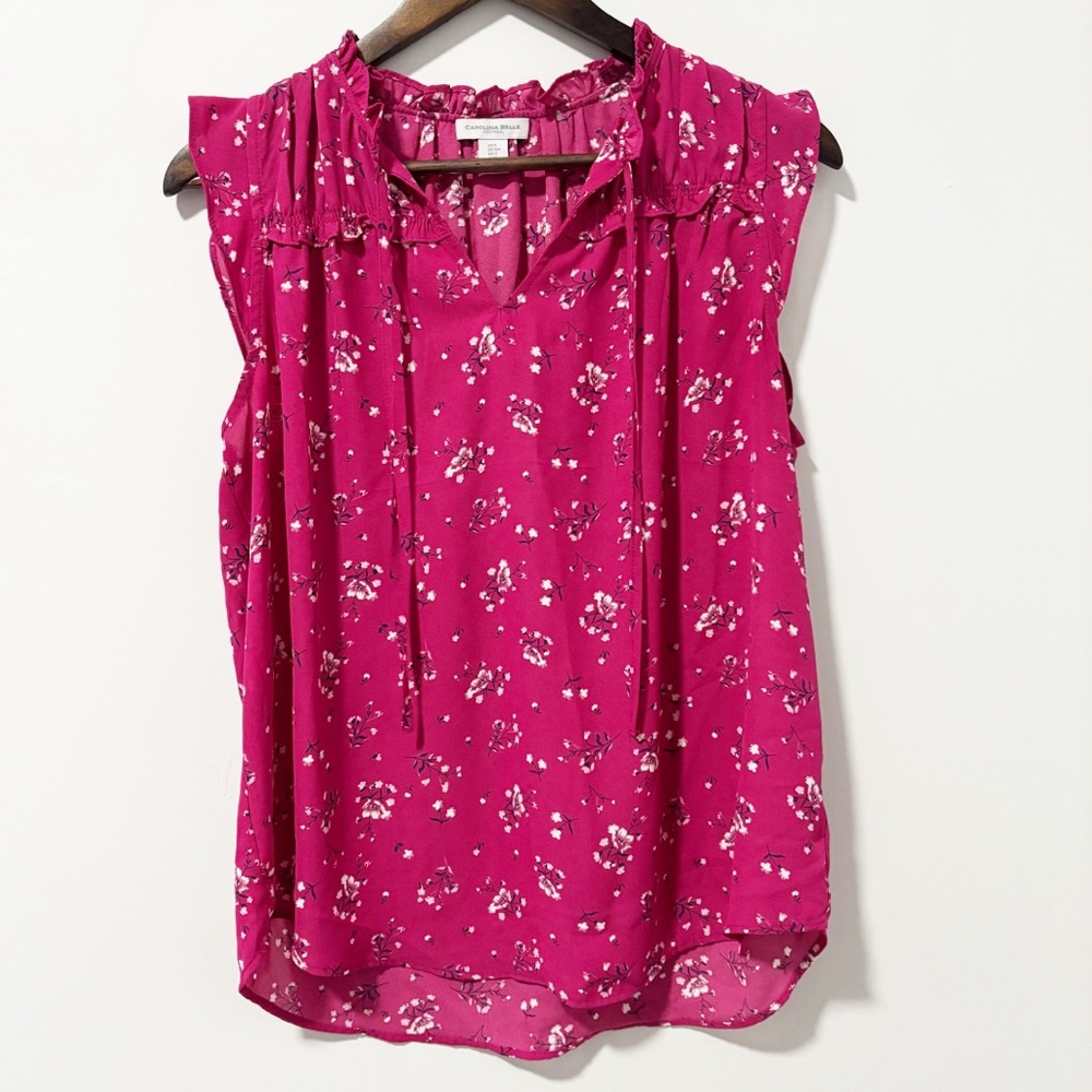 Carolina Belle Floral Blouse Womens‎ Size Small Pink Sleeveless Ruffled Office